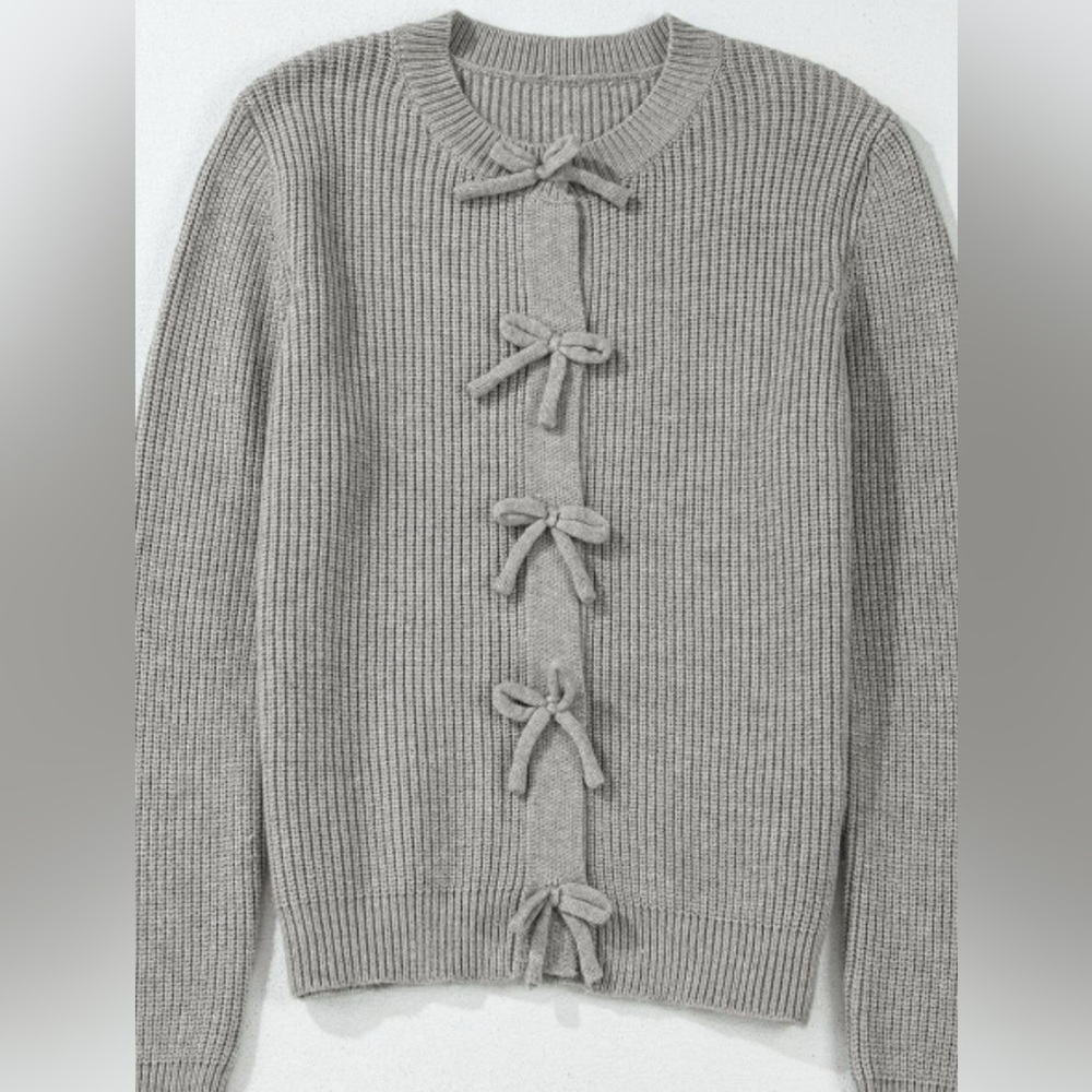 Bow Round Neck Long Sleeve Cardigan - Picture 6 of 8